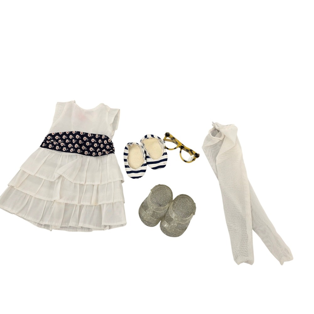 18 Inch Doll Clothes Set White Ruffle Dress Glitter Shoes Glasses Tights 5pc